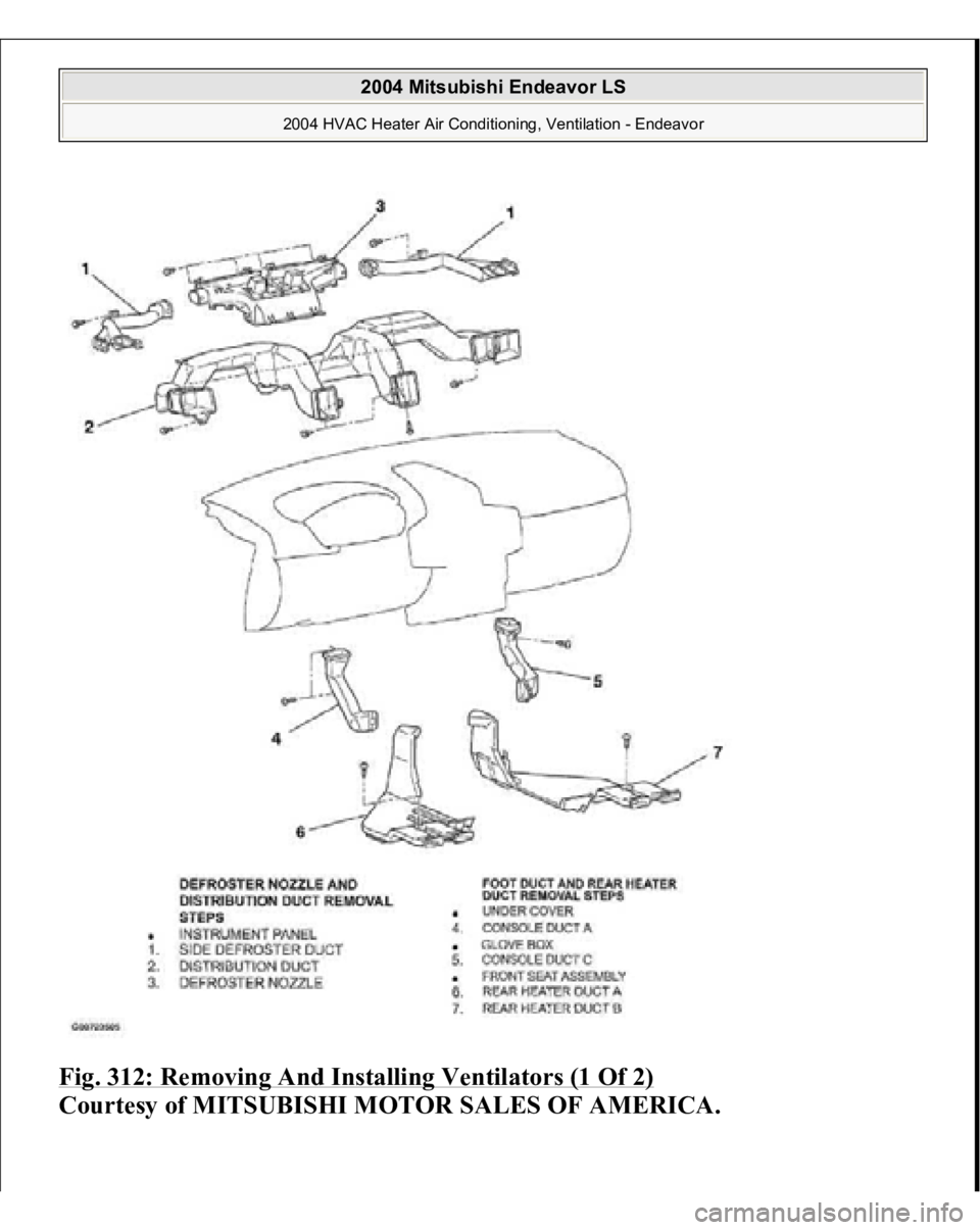 MITSUBISHI ENDEAVOR 2004  Service Repair Manual Fig. 312: Removing And Installing Ventilators (1 Of 2)
 
Courtesy of MITSUBISHI MOTOR SALES OF AMERICA. 
2004 Mitsubishi Endeavor LS 
2004 HVAC Heater Air Conditioning, Ventilation - Endeavor
   