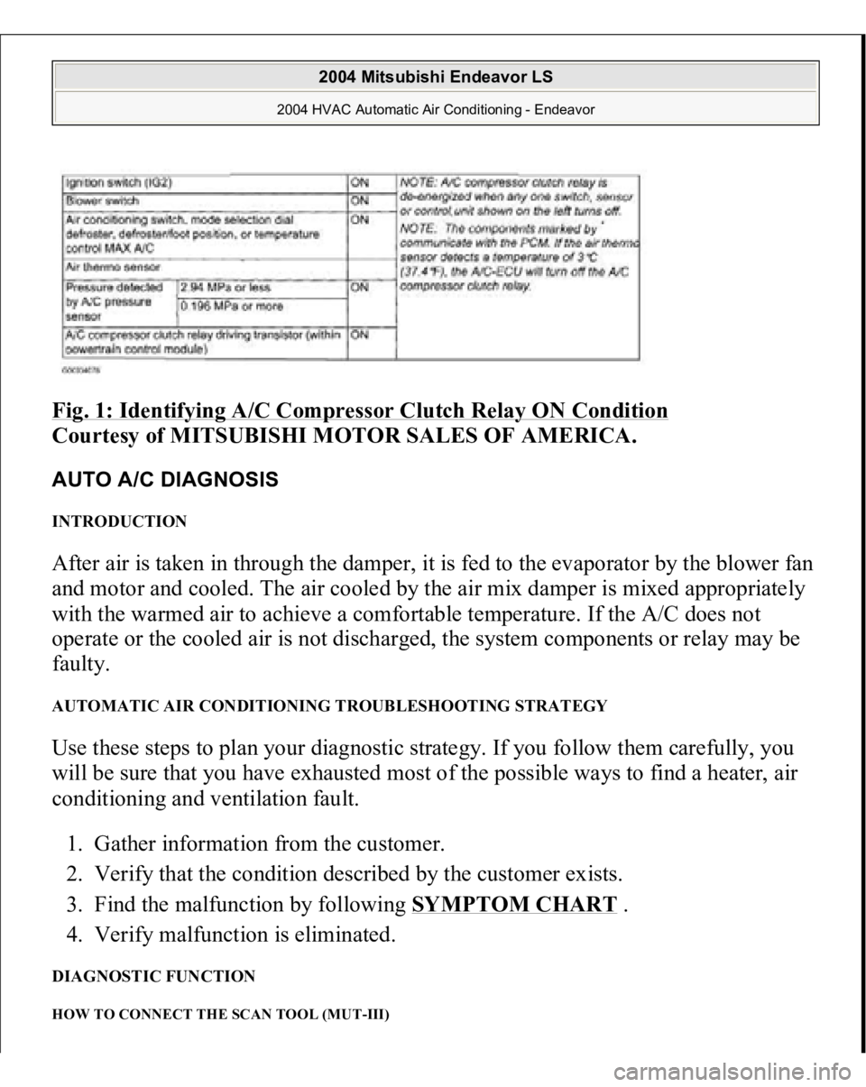 MITSUBISHI ENDEAVOR 2004  Service Repair Manual Fig. 1: Identifying A/C Compressor Clutch Relay ON Condition
 
Courtesy of MITSUBISHI MOTOR SALES OF AMERICA.
 
AUTO A/C DIAGNOSIS INTRODUCTION After air is taken in through the damper, it is fed to t