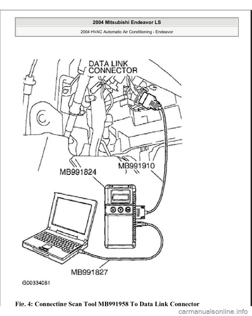 MITSUBISHI ENDEAVOR 2004  Service Repair Manual Fig. 4: Connecting Scan Tool MB991958 To Data Link
Connector
 
2004 Mitsubishi Endeavor LS 
2004 HVAC Automatic Air Conditioning - Endeavor
   
