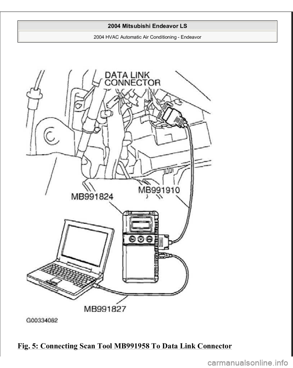 MITSUBISHI ENDEAVOR 2004  Service Repair Manual Fig. 5: Connecting Scan Tool MB991958 To Data Link Connector 
2004 Mitsubishi Endeavor LS 
2004 HVAC Automatic Air Conditioning - Endeavor
   
