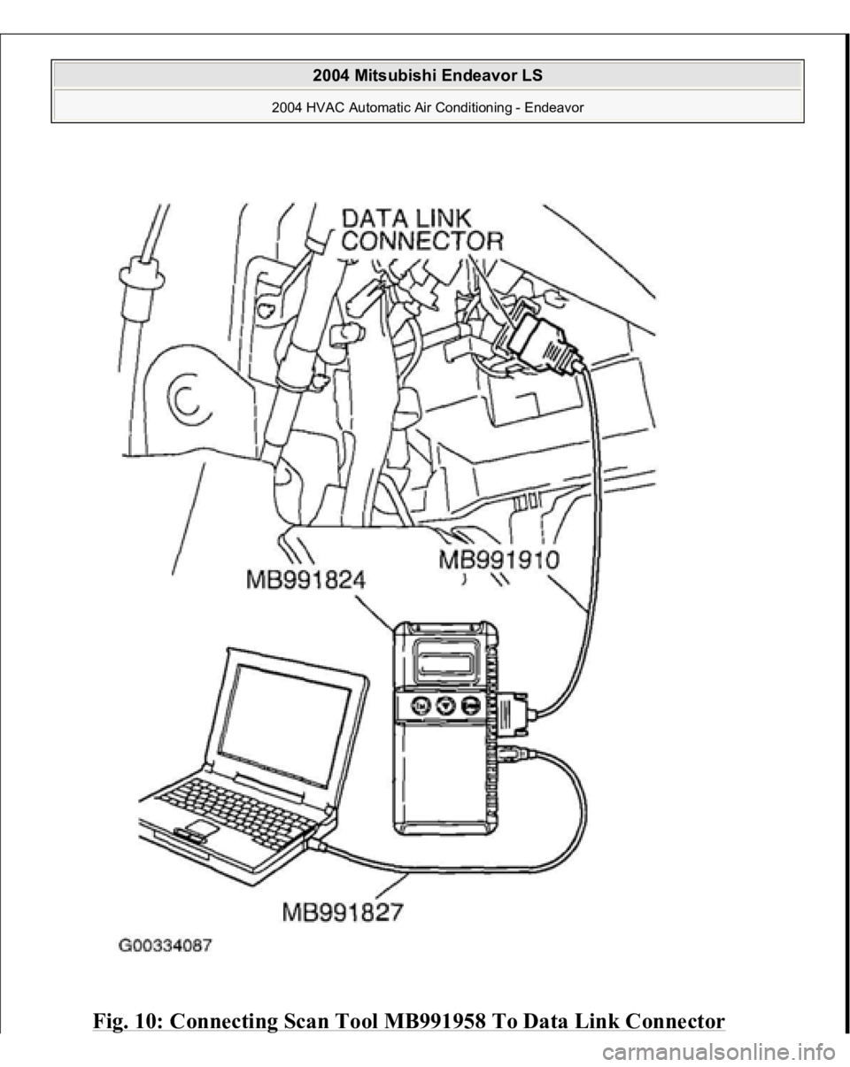 MITSUBISHI ENDEAVOR 2004  Service Repair Manual Fig. 10: Connecting Scan Tool MB991958 To Data Link Connector
 
2004 Mitsubishi Endeavor LS 
2004 HVAC Automatic Air Conditioning - Endeavor
   