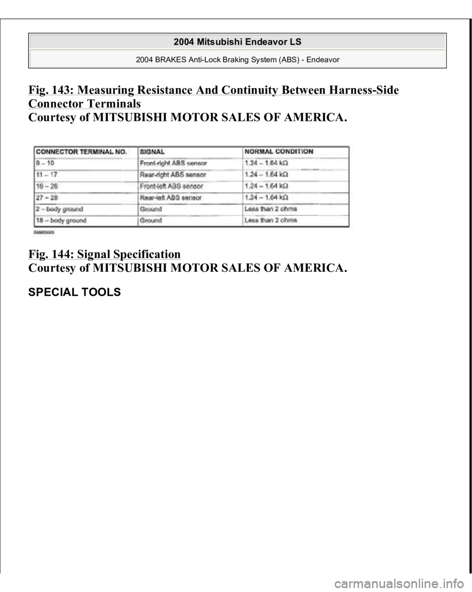 MITSUBISHI ENDEAVOR 2004  Service Repair Manual Fig. 143: Measuring Resistance And Continuity Between Harnes
s-Side 
Connector Terminals
 
Courtesy of MITSUBISHI MOTOR SALES OF AMERICA. 
Fig. 144: Signal Specification
 
Courtesy of MITSUBISHI MOTOR