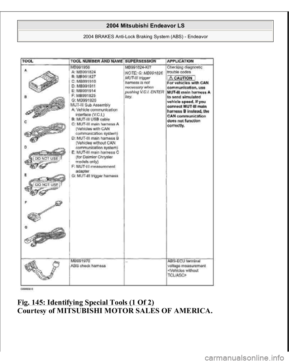 MITSUBISHI ENDEAVOR 2004  Service Repair Manual Fig. 145: Identifying Special Tools (1 Of 2)
 
Courtesy of MITSUBISHI MOTOR SALES OF AMERICA.
 
2004 Mitsubishi Endeavor LS 
2004 BRAKES Anti-Lock Braking System (ABS) - Endeavor
   