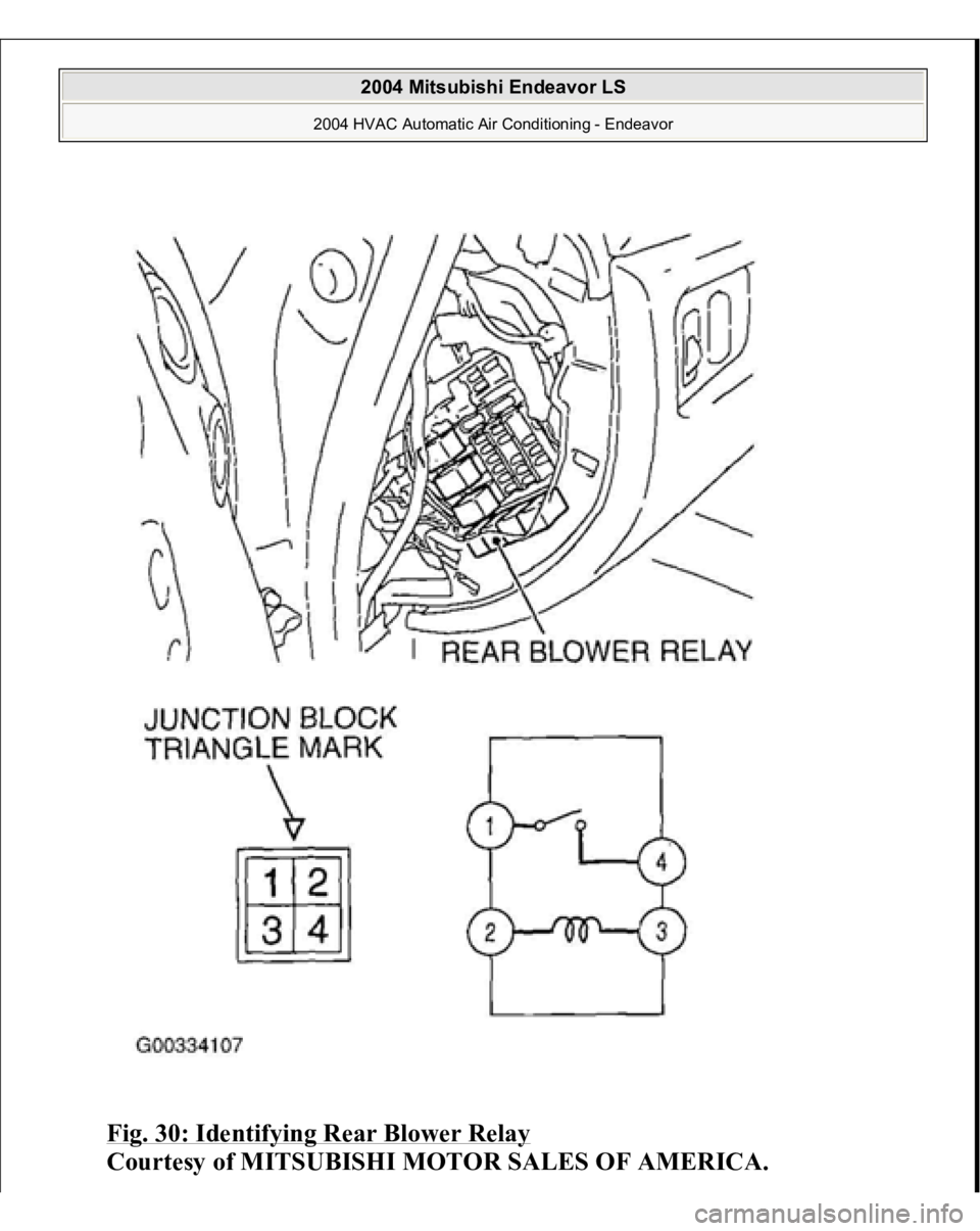 MITSUBISHI ENDEAVOR 2004  Service Repair Manual Fig. 30: Identifying Rear Blower Relay
 
Courtesy of MITSUBISHI MOTOR SALES OF AMERICA.
 
2004 Mitsubishi Endeavor LS 
2004 HVAC Automatic Air Conditioning - Endeavor
   