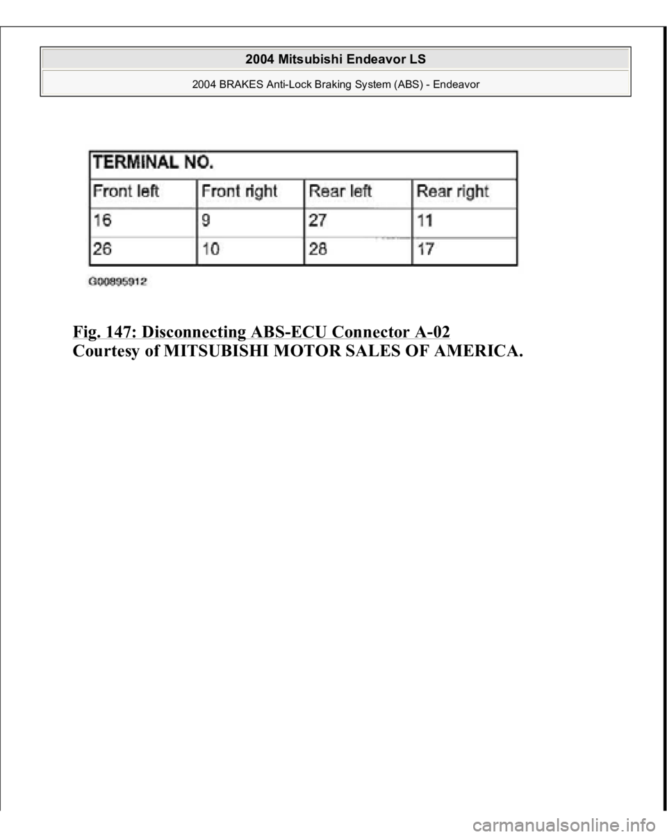 MITSUBISHI ENDEAVOR 2004  Service Repair Manual Fig. 147: Disconnecting ABS
-ECU Connector A
-02 
Courtesy of MITSUBISHI MOTOR SALES OF AMERICA.
 
2004 Mitsubishi Endeavor LS 
2004 BRAKES Anti-Lock Braking System (ABS) - Endeavor
   