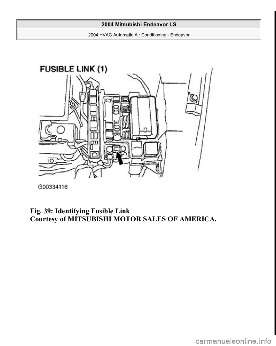 MITSUBISHI ENDEAVOR 2004  Service Repair Manual Fig. 39: Identifying Fusible Link
 
Courtesy of MITSUBISHI MOTOR SALES OF AMERICA.
 
2004 Mitsubishi Endeavor LS 
2004 HVAC Automatic Air Conditioning - Endeavor
   