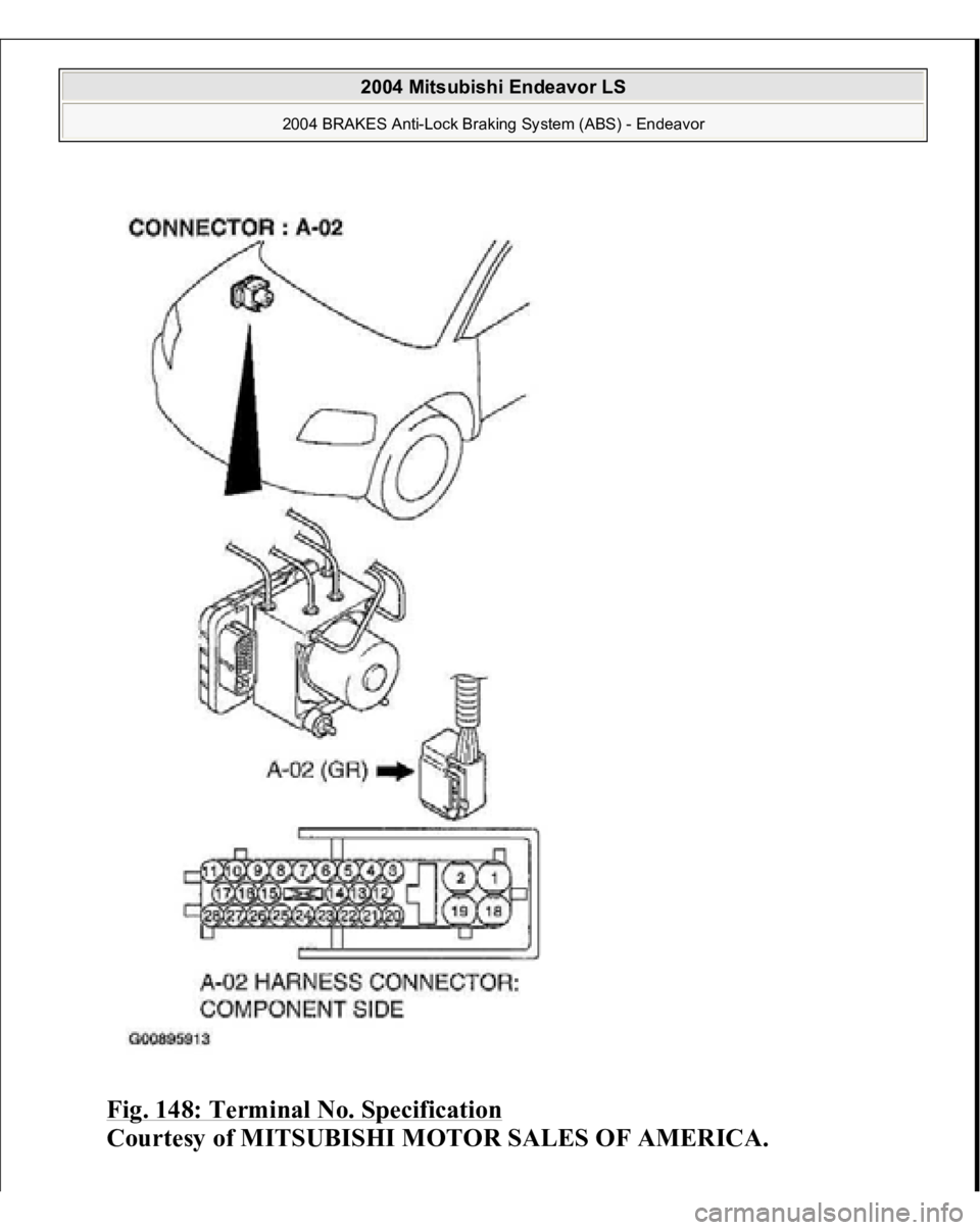 MITSUBISHI ENDEAVOR 2004  Service Repair Manual Fig. 148: Terminal No. Specification
 
Courtesy of MITSUBISHI MOTOR SALES OF AMERICA.
 
2004 Mitsubishi Endeavor LS 
2004 BRAKES Anti-Lock Braking System (ABS) - Endeavor
   