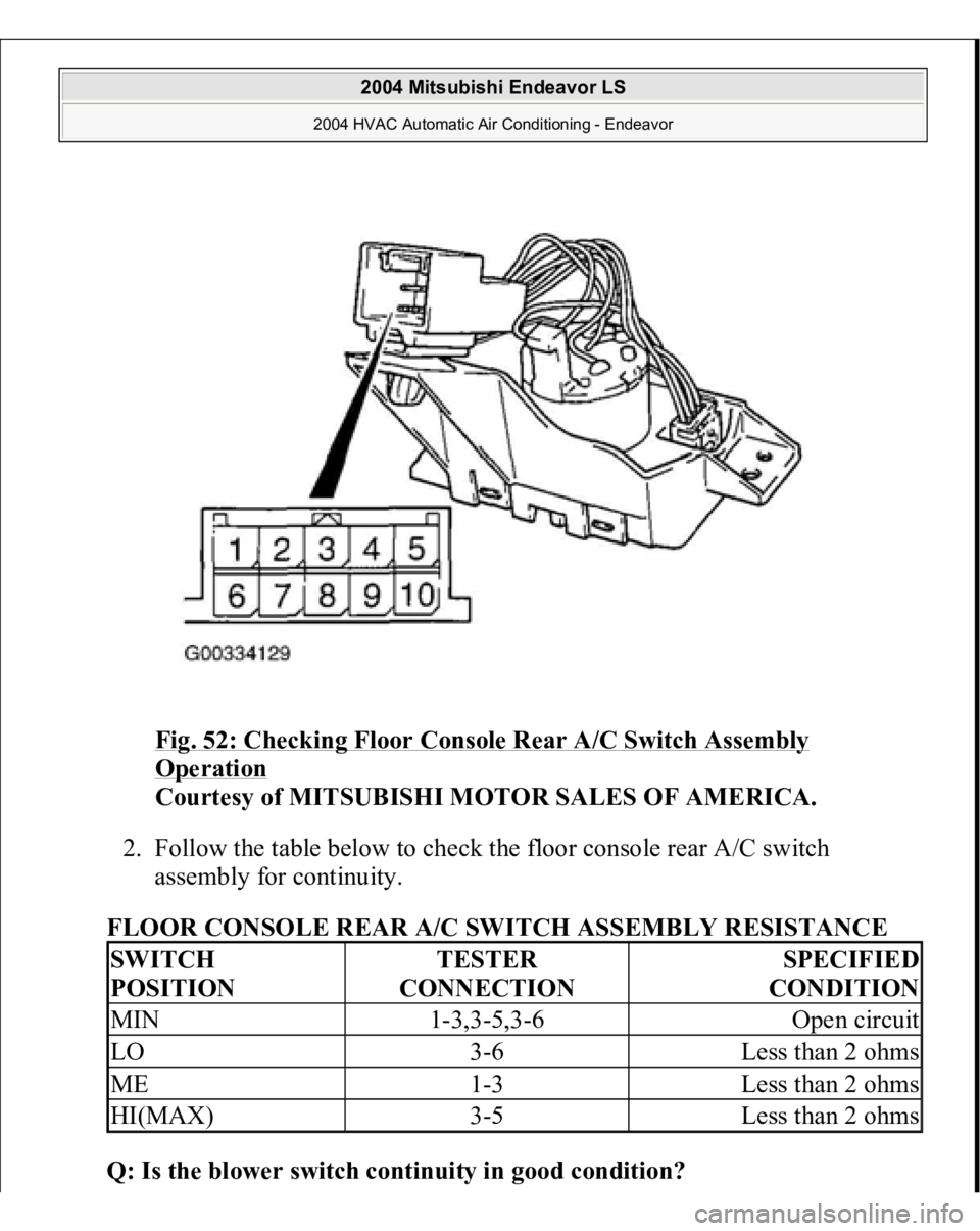 MITSUBISHI ENDEAVOR 2004  Service Repair Manual Fig. 52: Checking Floor Console Rear A/C Switch Assembly Operation
 
Courtesy of MITSUBISHI MOTOR SALES OF AMERICA.
 
2. Follow the table below to check the floor console rear A/C switch 
assembly for