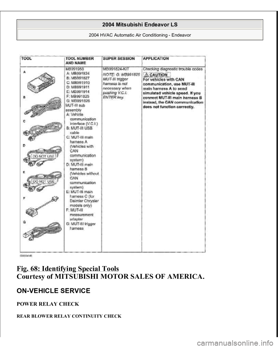 MITSUBISHI ENDEAVOR 2004  Service Repair Manual Fig. 68: Identifying Special Tools
 
Courtesy of MITSUBISHI MOTOR SALES OF AMERICA. 
ON-VEHICLE SERVICE POWER RELAY CHECK REAR BLOWER RELAY CONTINUITY CHECK  
2004 Mitsubishi Endeavor LS 
2004 HVAC Au