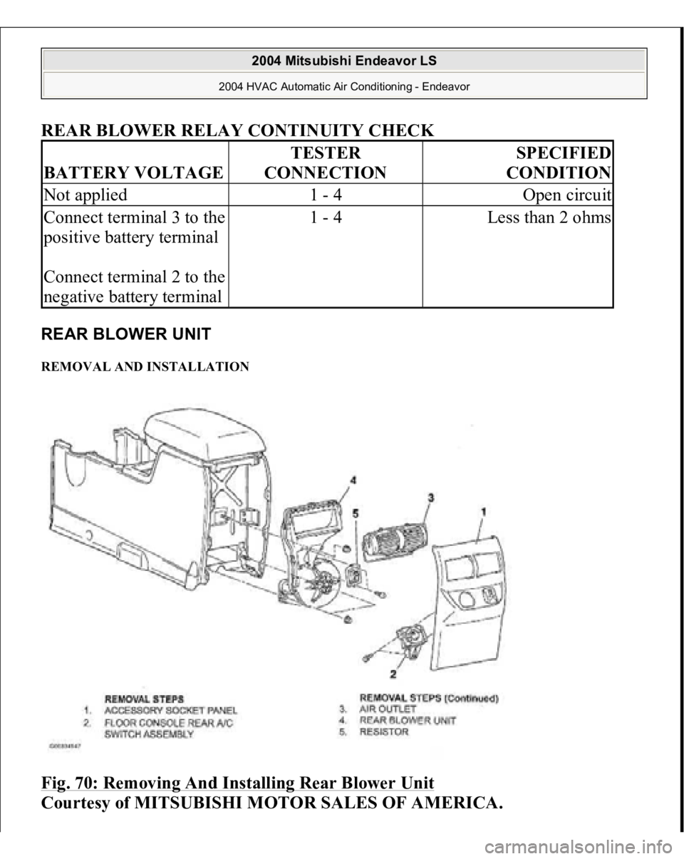 MITSUBISHI ENDEAVOR 2004  Service Repair Manual REAR BLOWER RELAY CONTINUITY CHEC
K 
REAR BLOWER UNIT REMOVAL AND INSTALLATION Fig. 70: Removing And Installing Rear Blower Unit
 
Courtesy of MITSUBISHI MOTOR SALES OF AMERICA.
BATTERY VOLTAGE
TESTER