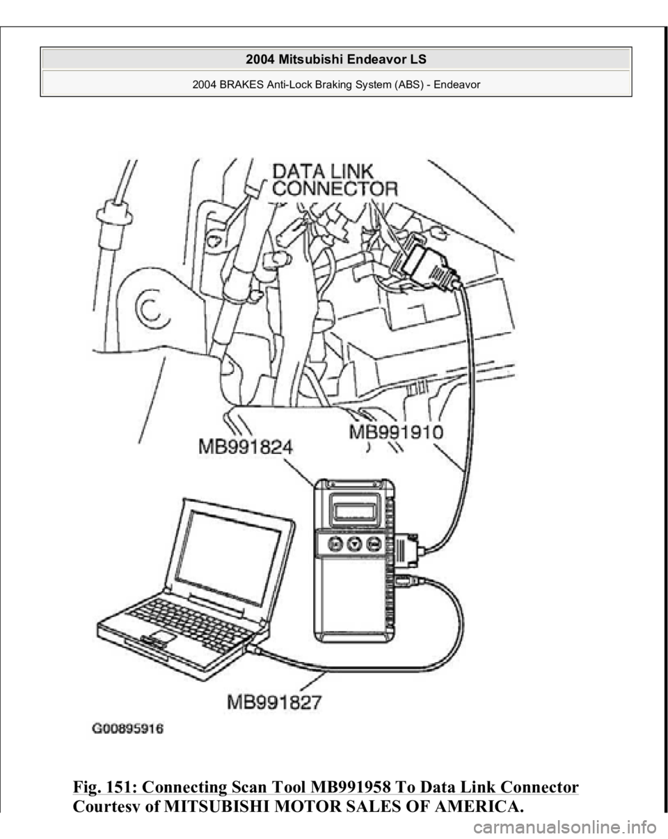 MITSUBISHI ENDEAVOR 2004  Service Repair Manual Fig. 151: Connecting Scan Tool MB991958 To Data Link Connector
 
Courtes
y of MITSUBISHI MOTOR SALES OF AMERICA
.
 
2004 Mitsubishi Endeavor LS 
2004 BRAKES Anti-Lock Braking System (ABS) - Endeavor
 