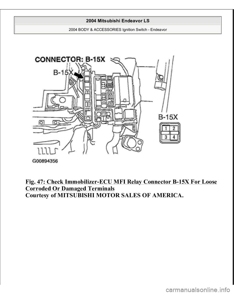 MITSUBISHI ENDEAVOR 2004  Service Repair Manual Fig. 47: Check Immobilizer
-ECU MFI Relay Connector B
-15X For Loose 
Corroded Or Damaged Terminals
 
Courtesy of MITSUBISHI MOTOR SALES OF AMERICA.
 
2004 Mitsubishi Endeavor LS 
2004 BODY & ACCESSOR