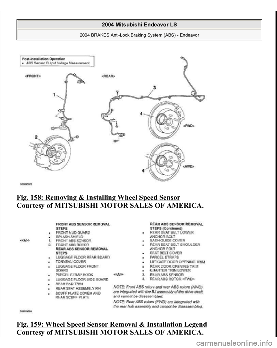 MITSUBISHI ENDEAVOR 2004  Service Repair Manual Fig. 158: Removing & Installing Wheel Speed Sensor
 
Courtesy of MITSUBISHI MOTOR SALES OF AMERICA. 
Fig. 159: Wheel Speed Sensor Removal & Installation Legend
 
Courtesy of MITSUBISHI MOTOR SALES OF 