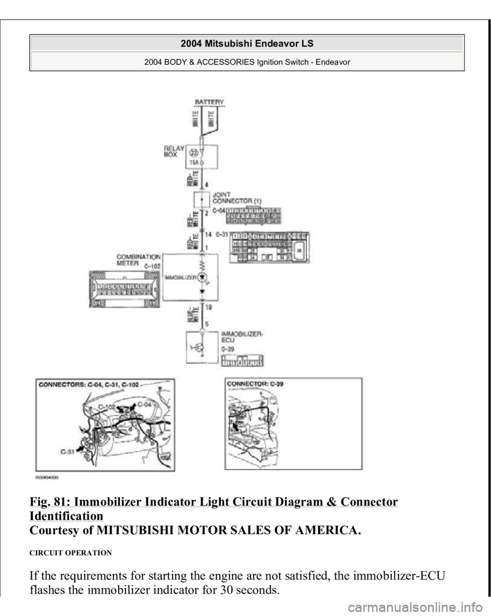 MITSUBISHI ENDEAVOR 2004  Service Repair Manual Fig. 81: Immobilizer Indicator Light Circuit Diagram & Connector Identification
 
Courtesy of MITSUBISHI MOTOR SALES OF AMERICA. 
CIRCUIT OPERATION If the requirements for starting the engine are not 