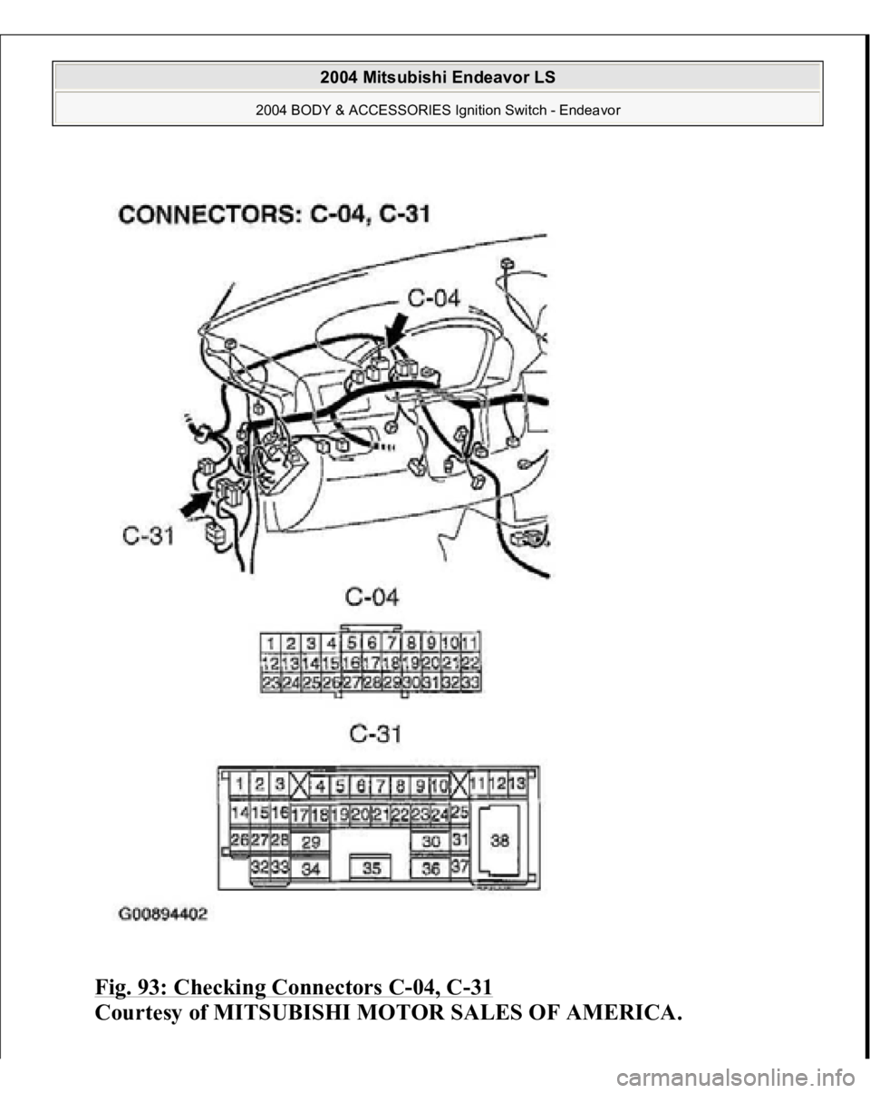 MITSUBISHI ENDEAVOR 2004  Service Repair Manual Fig. 93: Checking Connectors C
-04, C
-31 
Courtesy of MITSUBISHI MOTOR SALES OF AMERICA.
 
2004 Mitsubishi Endeavor LS 
2004 BODY & ACCESSORIES Ignition Switch - Endeavor
   