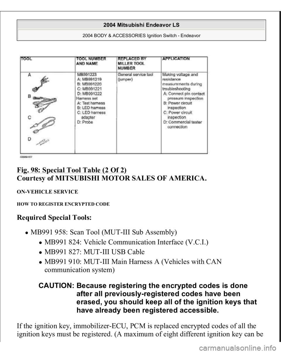 MITSUBISHI ENDEAVOR 2004  Service Repair Manual Fig. 98: Special Tool Table (2 Of 2)
 
Courtesy of MITSUBISHI MOTOR SALES OF AMERICA. 
ON-VEHICLE SERVICE HOW TO REGISTER ENCRYPTED CODE Required Special Tools:  
MB991 958: Scan Tool (MUT-III Sub Ass