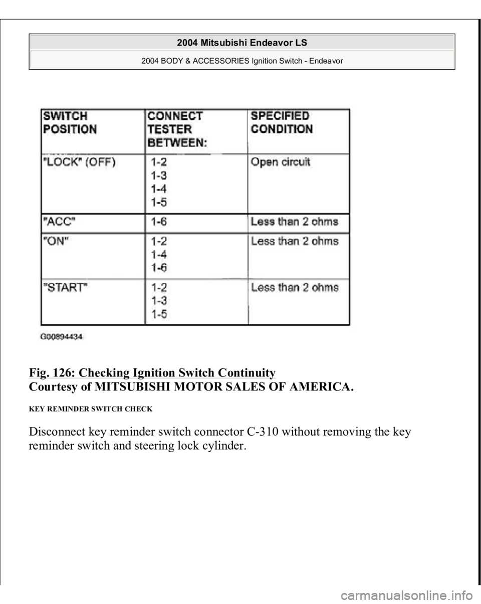 MITSUBISHI ENDEAVOR 2004 Service Repair Manual Fig. 126: Checking Ignition Switch Continuity
Courtesy of MITSUBISHI MOTOR SALES OF AMERICA.
KEY REMINDER SWITCH CHECK Disconnect key reminder switch connector C-310 without removing the key
remin MITSUBISHI ENDEAVOR 2004 Service Repair Manual Fig. 126: Checking Ignition Switch Continuity
Courtesy of MITSUBISHI MOTOR SALES OF AMERICA.
KEY REMINDER SWITCH CHECK Disconnect key reminder switch connector C-310 without removing the key
remin