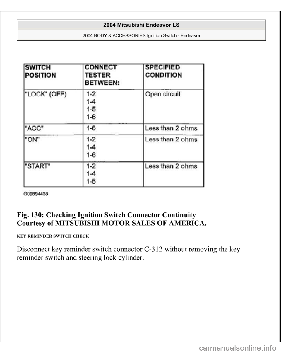MITSUBISHI ENDEAVOR 2004 Service Repair Manual Fig. 130: Checking Ignition Switch Connector Continuity
Courtesy of MITSUBISHI MOTOR SALES OF AMERICA.
KEY REMINDER SWITCH CHECK Disconnect key reminder switch connector C-312 without removing the MITSUBISHI ENDEAVOR 2004 Service Repair Manual Fig. 130: Checking Ignition Switch Connector Continuity
Courtesy of MITSUBISHI MOTOR SALES OF AMERICA.
KEY REMINDER SWITCH CHECK Disconnect key reminder switch connector C-312 without removing the