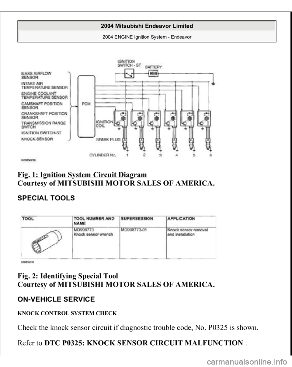 MITSUBISHI ENDEAVOR 2004  Service Repair Manual Fig. 1: Ignition System Circuit Diagram
 
Courtesy of MITSUBISHI MOTOR SALES OF AMERICA. 
SPECIAL TOOLS Fig. 2: Identifying Special Tool
 
Courtesy of MITSUBISHI MOTOR SALES OF AMERICA. 
ON-VEHICLE SE