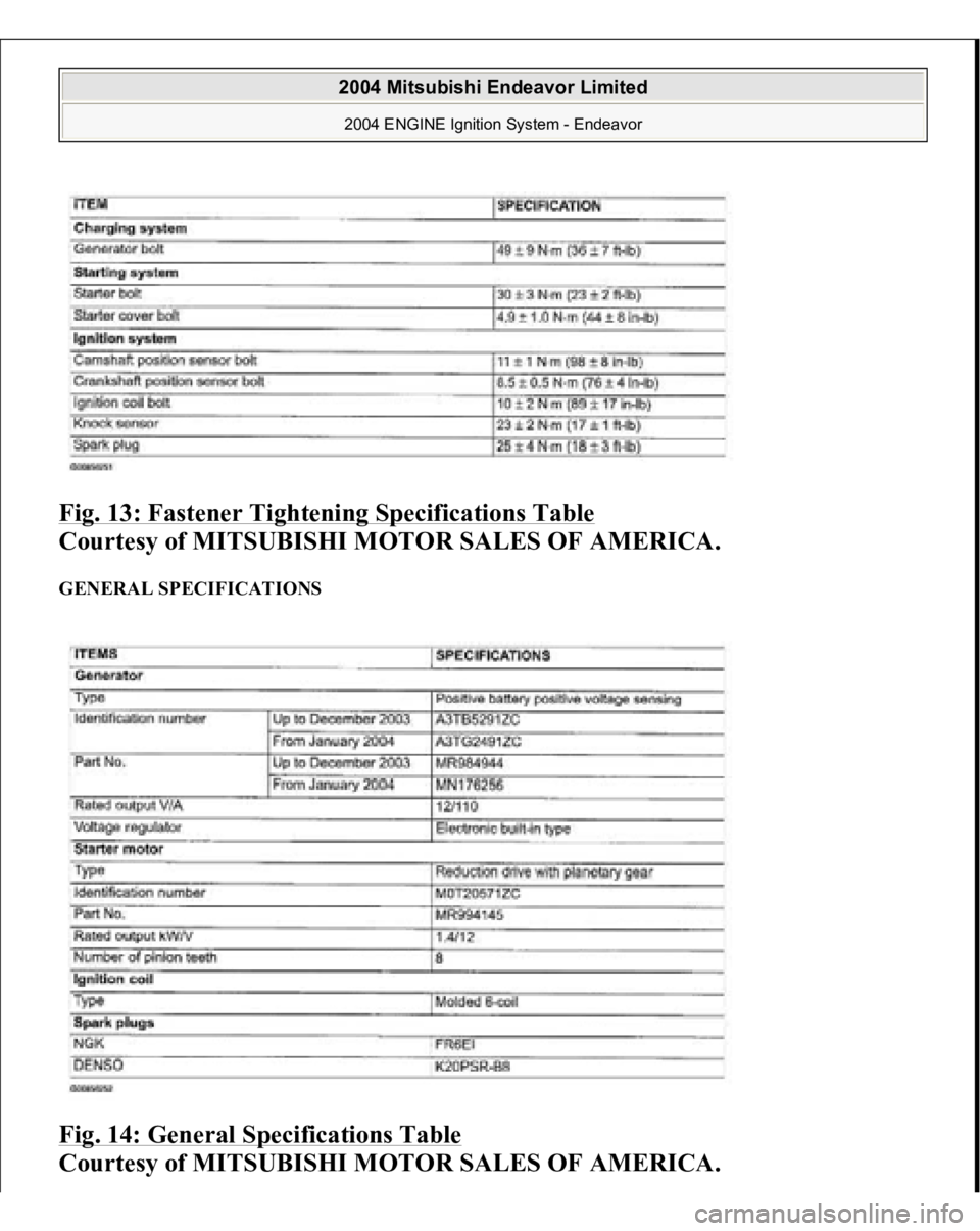 MITSUBISHI ENDEAVOR 2004  Service Repair Manual Fig. 13: Fastener Tightening Specifications Table
 
Courtesy of MITSUBISHI MOTOR SALES OF AMERICA. 
GENERAL SPECIFICATIONS Fig. 14: General Specifications Table
 
Courtesy of MITSUBISHI MOTOR SALES OF