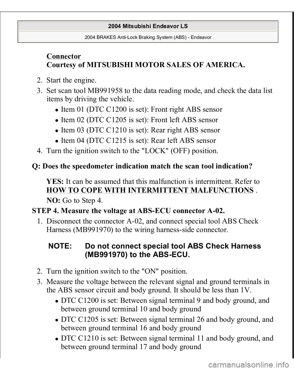 MITSUBISHI ENDEAVOR 2004  Service Repair Manual Connector
 
Courtesy of MITSUBISHI MOTOR SALES OF AMERICA. 
2. Start the engine.  
3. Set scan tool MB991958 to the data reading mode, and check the data list 
items by driving the vehicle. 
Item 01 (