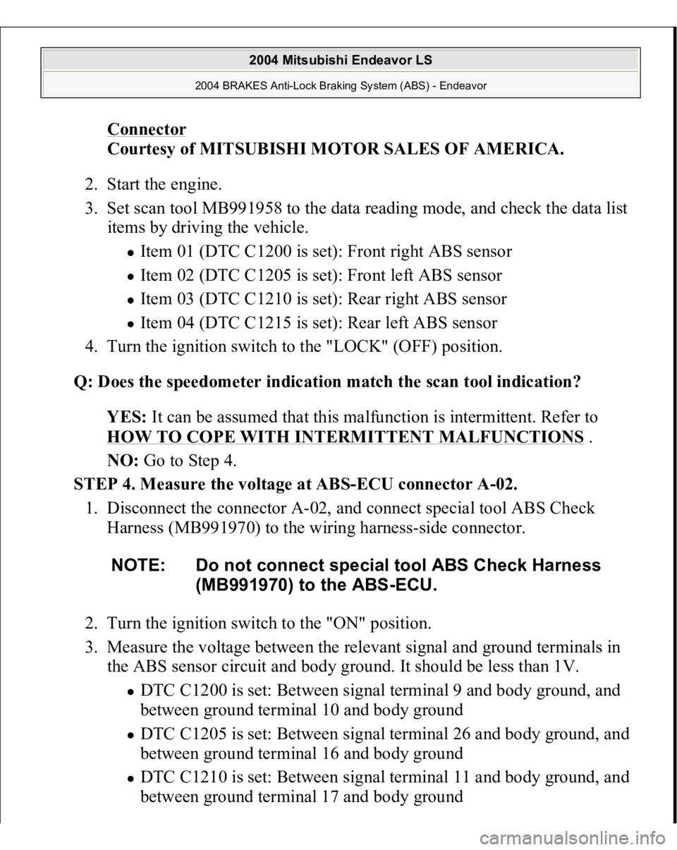 MITSUBISHI ENDEAVOR 2004 Service Repair Manual Connector
Courtesy of MITSUBISHI MOTOR SALES OF AMERICA.
2. Start the engine.
3. Set scan tool MB991958 to the data reading mode, and check the data list
items by driving the vehicle.
Item 01 ( MITSUBISHI ENDEAVOR 2004 Service Repair Manual Connector
Courtesy of MITSUBISHI MOTOR SALES OF AMERICA.
2. Start the engine.
3. Set scan tool MB991958 to the data reading mode, and check the data list
items by driving the vehicle.
Item 01 (