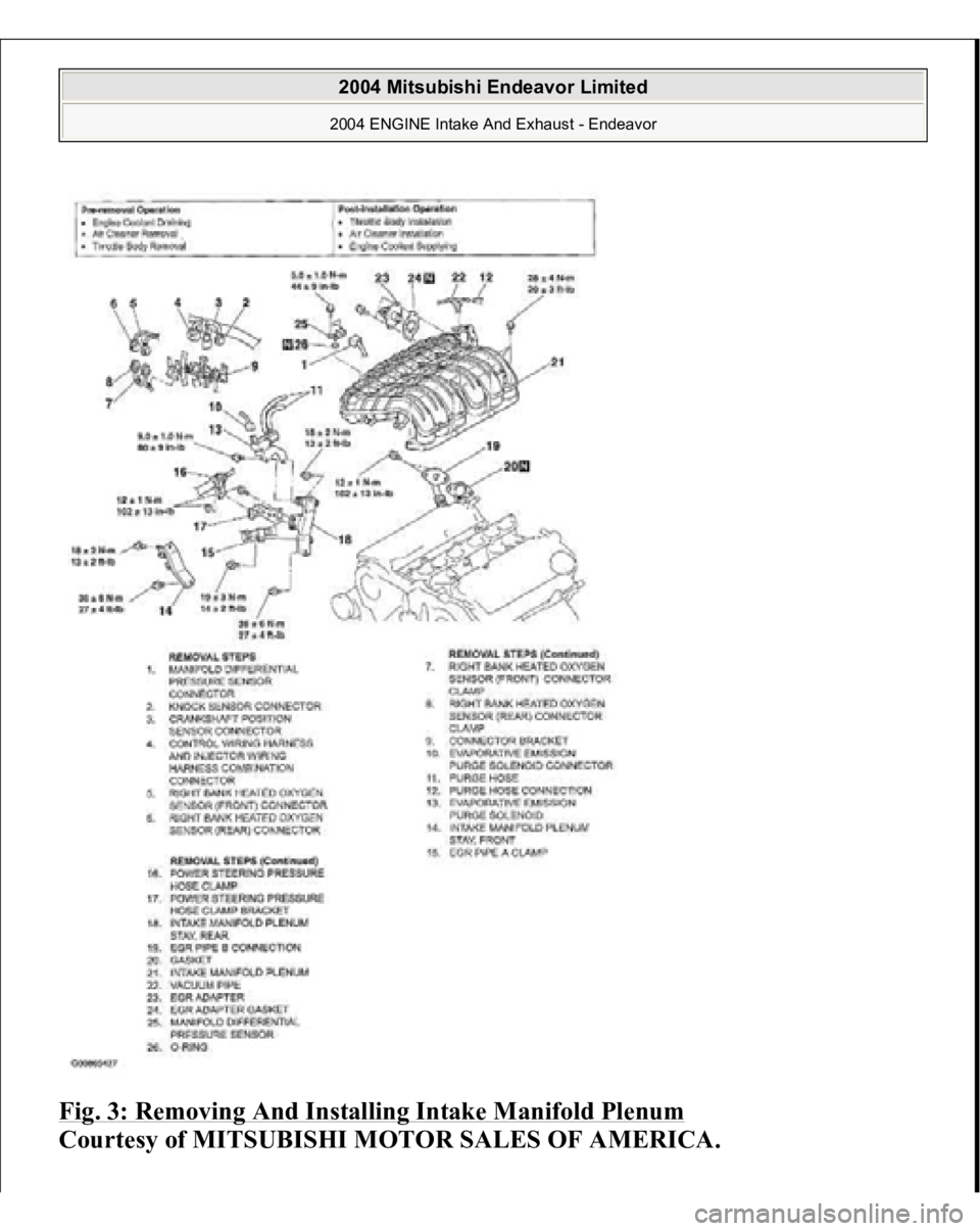 MITSUBISHI ENDEAVOR 2004  Service Repair Manual Fig. 3: Removing And Installing Intake Manifold Plenum
 
Courtesy of MITSUBISHI MOTOR SALES OF AMERICA.
 
2004 Mitsubishi Endeavor Limited 2004 ENGINE Intake And Exhaust - Endeavor
   