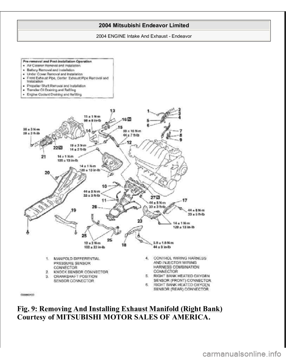 MITSUBISHI ENDEAVOR 2004  Service Repair Manual Fig. 9: Removing And Installing Exhaust Manifold (Right Bank)
 
Courtesy of MITSUBISHI MOTOR SALES OF AMERICA.
 
2004 Mitsubishi Endeavor Limited 2004 ENGINE Intake And Exhaust - Endeavor
   