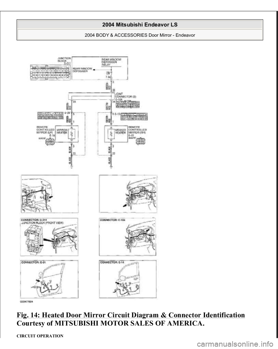 MITSUBISHI ENDEAVOR 2004  Service Repair Manual Fig. 14: Heated Door Mirror Circuit Diagram & Connector Identification
 
Courtesy of MITSUBISHI MOTOR SALES OF AMERICA. 
CIRCUIT OPERATION  
2004 Mitsubishi Endeavor LS 
2004 BODY & ACCESSORIES Door M