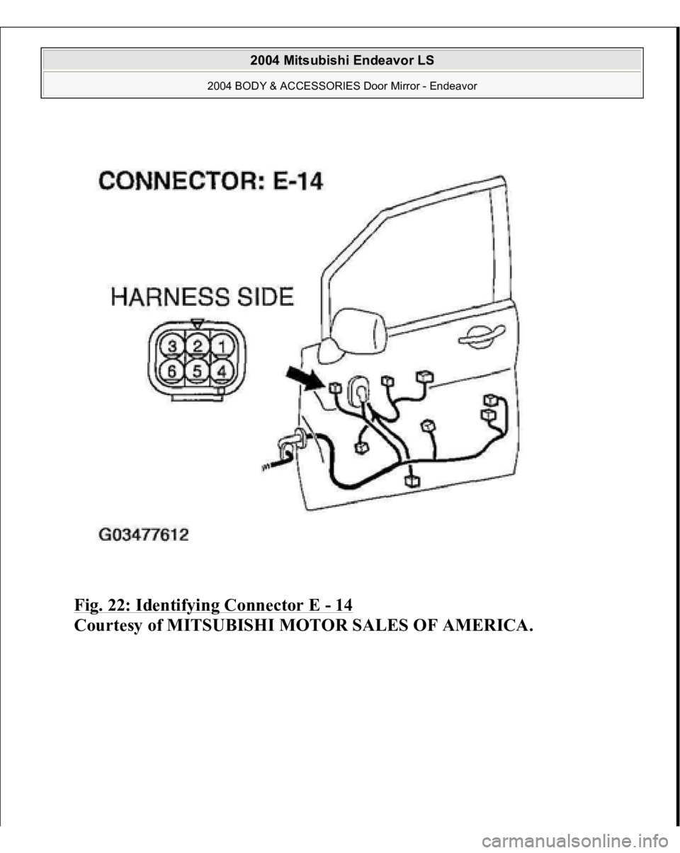 MITSUBISHI ENDEAVOR 2004  Service Repair Manual Fig. 22: Identifying Connector E 
- 14
 
Courtesy of MITSUBISHI MOTOR SALES OF AMERICA.
 
2004 Mitsubishi Endeavor LS 
2004 BODY & ACCESSORIES Door Mirror - Endeavor
   