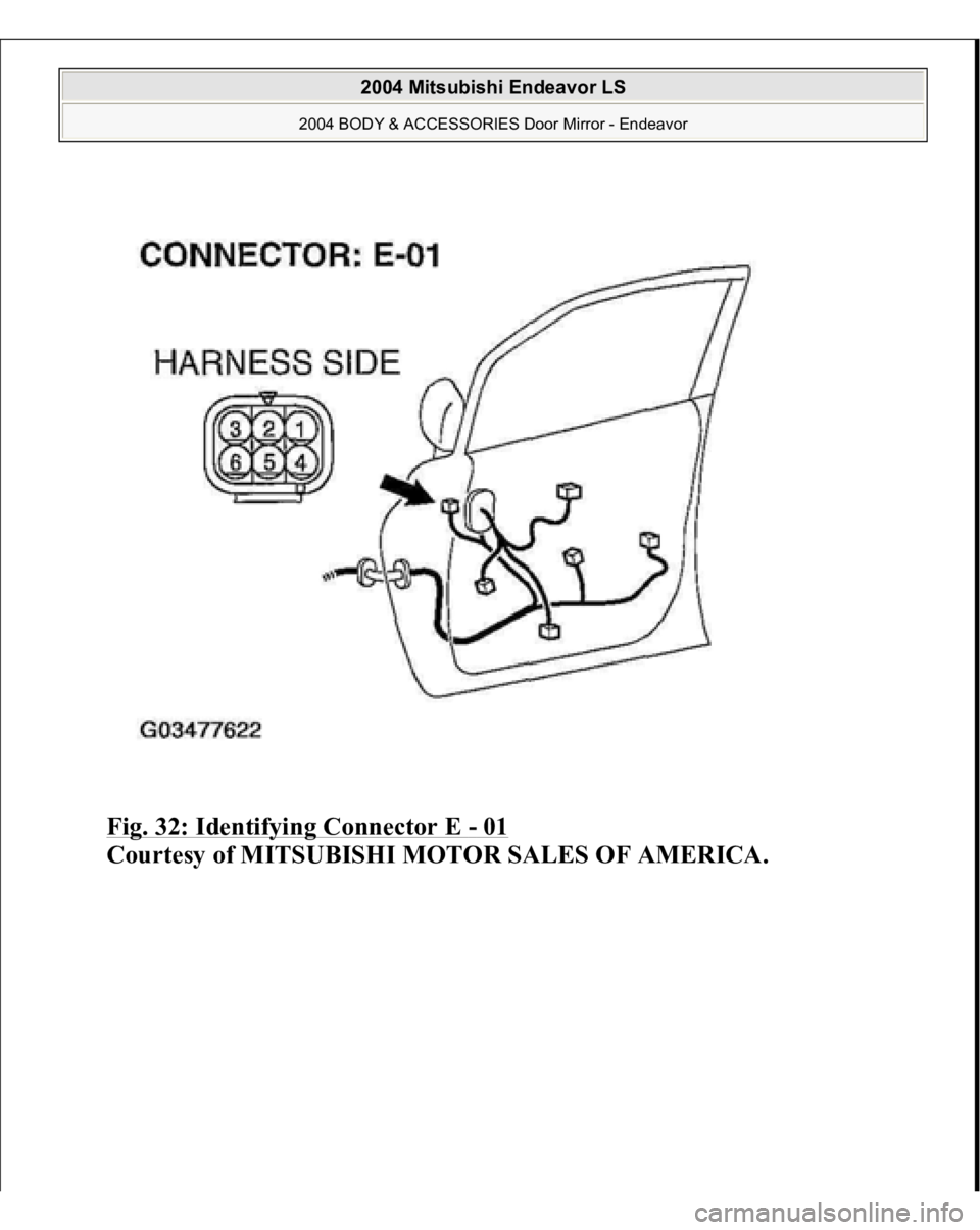 MITSUBISHI ENDEAVOR 2004  Service Repair Manual Fig. 32: Identifying Connector E 
- 01
 
Courtesy of MITSUBISHI MOTOR SALES OF AMERICA.
 
2004 Mitsubishi Endeavor LS 
2004 BODY & ACCESSORIES Door Mirror - Endeavor
   