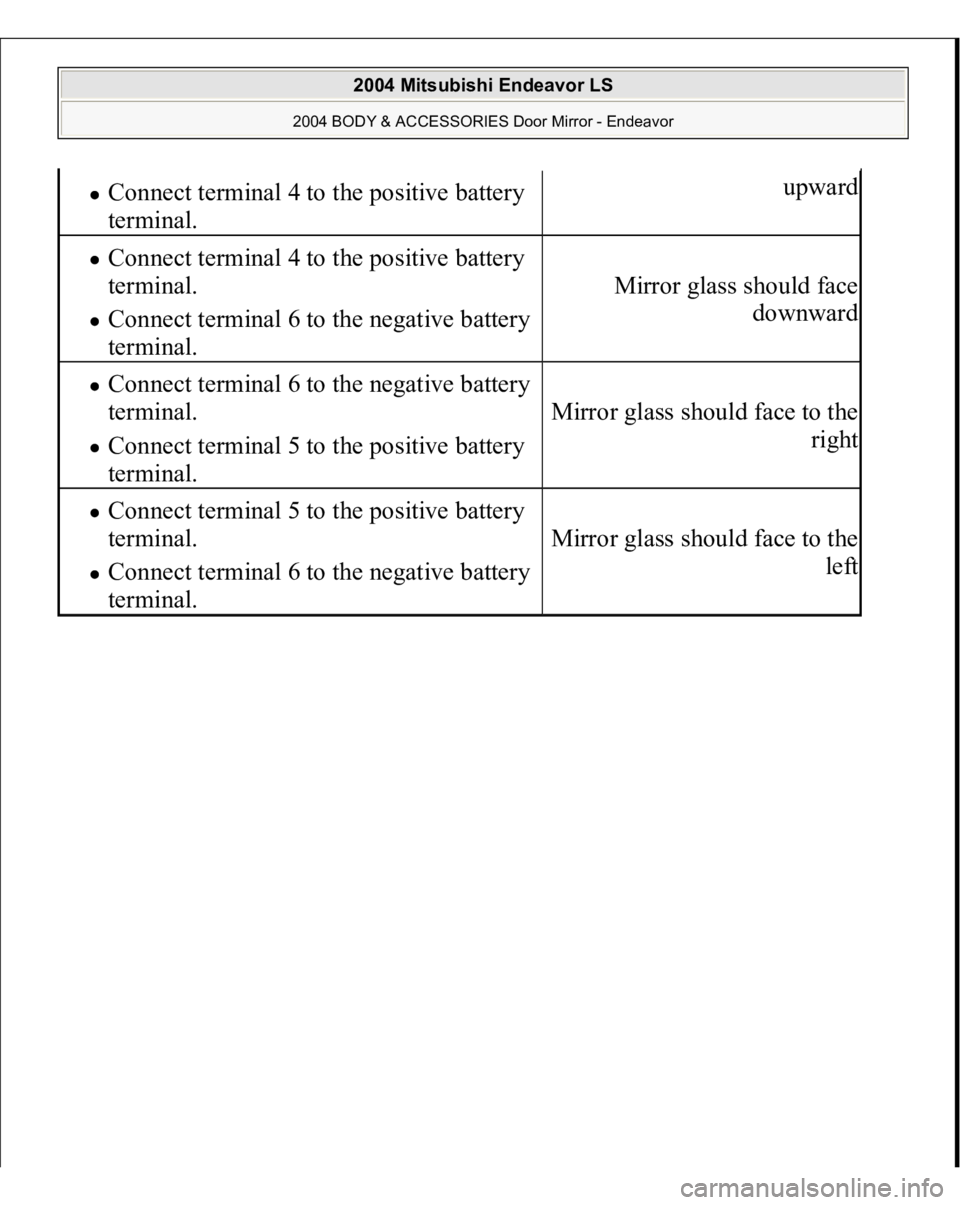 MITSUBISHI ENDEAVOR 2004  Service Repair Manual Connect terminal 4 to the positive battery 
terminal.  
upward
Connect terminal 4 to the positive battery 
terminal.  Connect terminal 6 to the negative battery 
terminal.  
Mirror glass should face 
