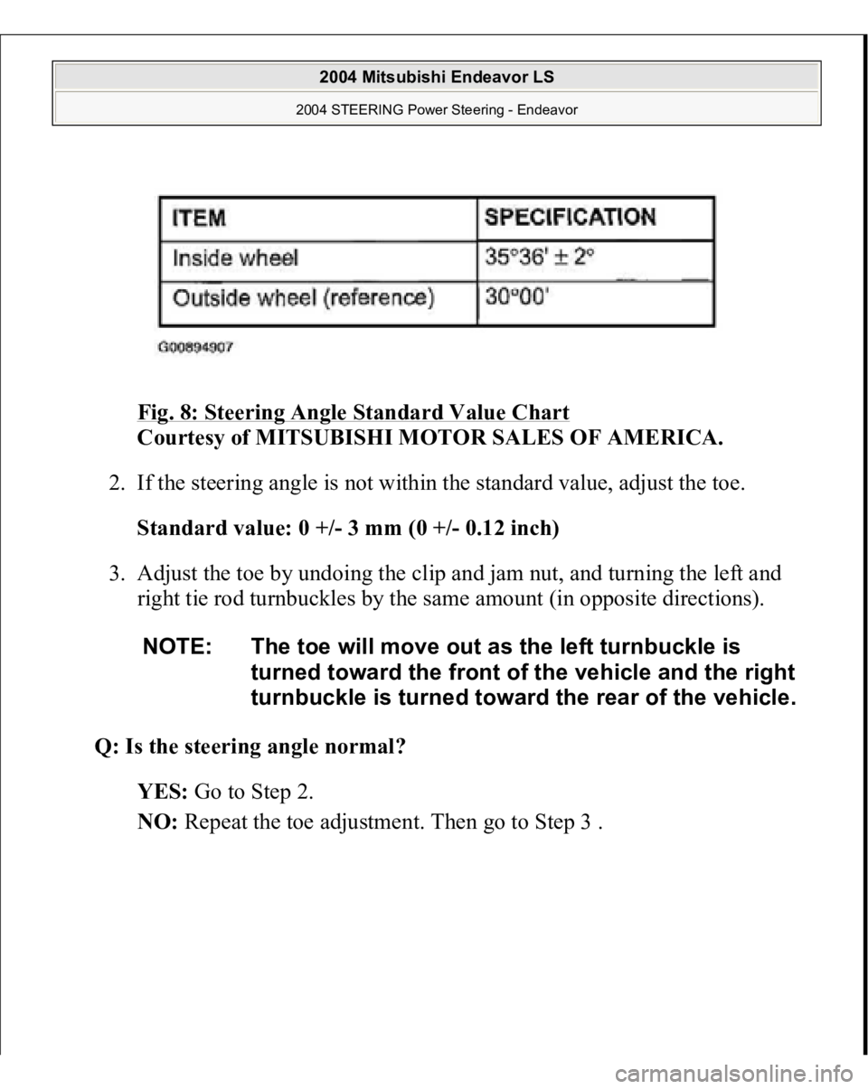 MITSUBISHI ENDEAVOR 2004  Service Repair Manual Fig. 8: Steering Angle Standard Value Chart
 
Courtesy of MITSUBISHI MOTOR SALES OF AMERICA. 
2. If the steering angle is not within the standard value, adjust the toe. 
Standard value: 0 +/- 3 mm (0 