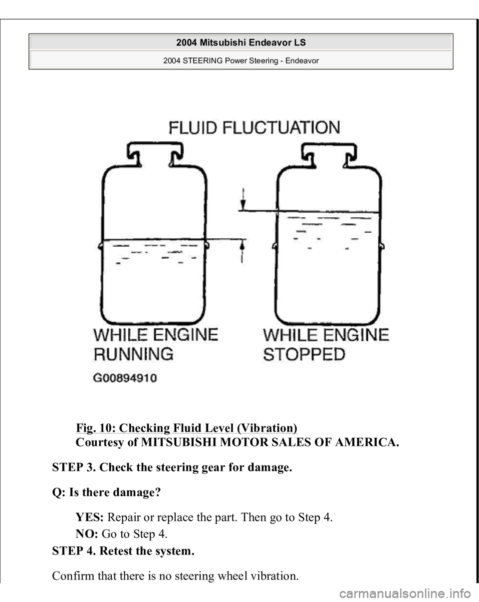 MITSUBISHI ENDEAVOR 2004  Service Repair Manual Fig. 10: Checking Fluid Level (Vibration)
 
Courtesy of MITSUBISHI MOTOR SALES OF AMERICA. 
STEP 3. Check the steering gear for damage. 
Q: Is there damage?  
YES: Repair or replace the part. Then go 