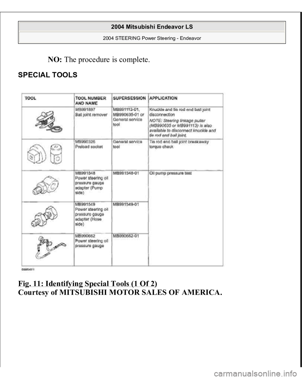 MITSUBISHI ENDEAVOR 2004  Service Repair Manual NO: The procedure is complete.  
SPECIAL TOOLS Fig. 11: Identifying Special Tools (1 Of 2)
 
Courtesy of MITSUBISHI MOTOR SALES OF AMERICA.
 
2004 Mitsubishi Endeavor LS 
2004 STEERING Power Steering 