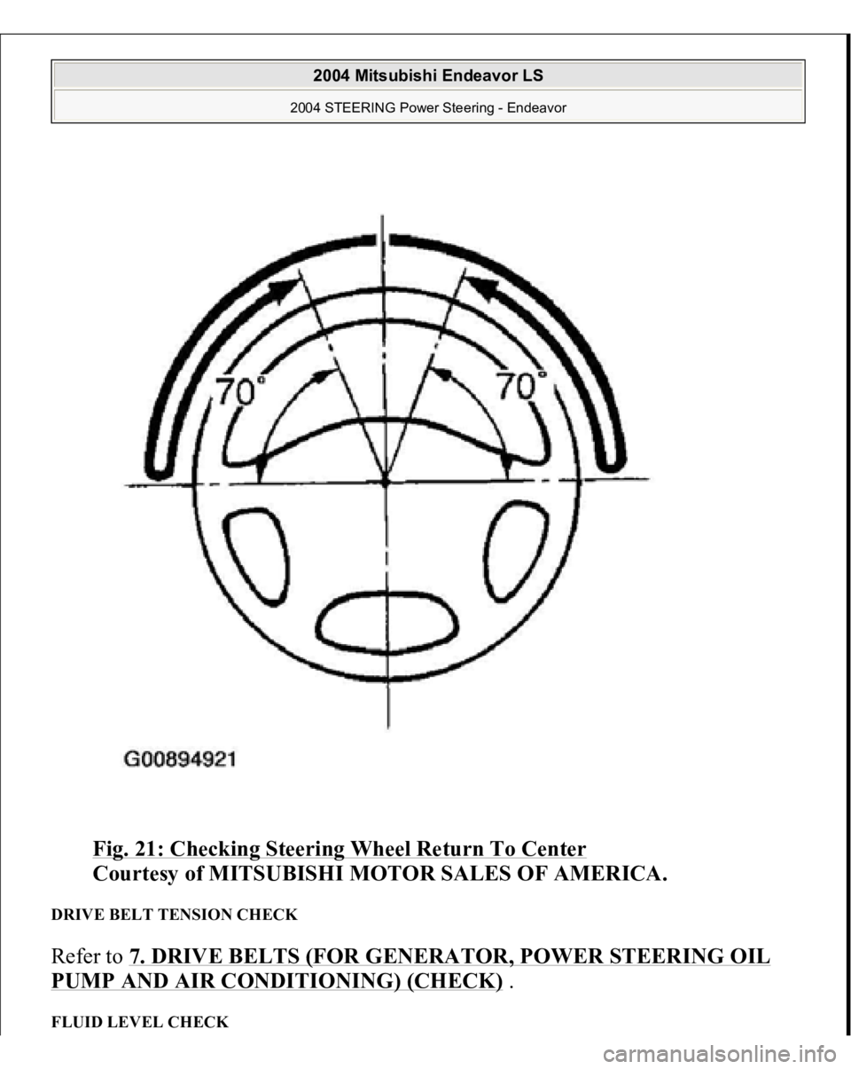 MITSUBISHI ENDEAVOR 2004  Service Repair Manual Fig. 21: Checking Steering Wheel Return To Center
 
Courtesy of MITSUBISHI MOTOR SALES OF AMERICA. 
DRIVE BELT TENSION CHECK Refer to 7. DRIVE BELTS (FOR GENERATOR, POWER STEERING OIL PUMP AND AIR CON