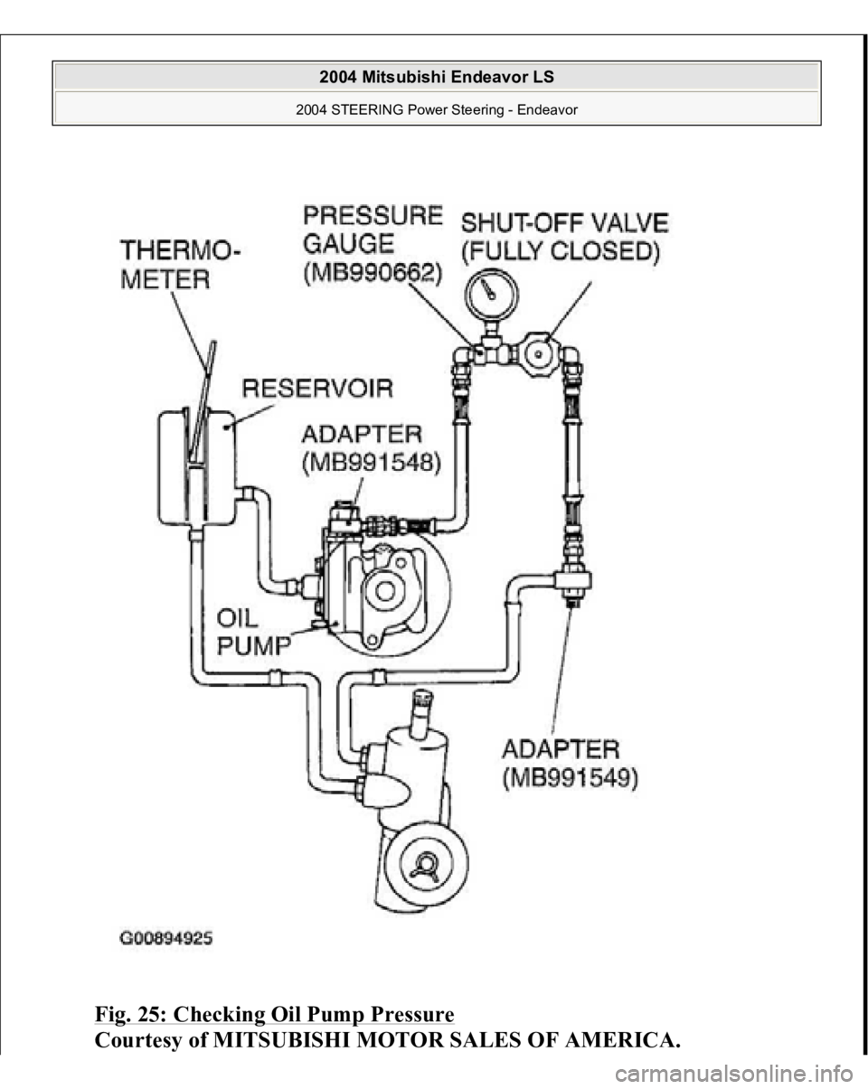 MITSUBISHI ENDEAVOR 2004  Service Repair Manual Fig. 25: Checking Oil Pump Pressure
 
Courtes
y of MITSUBISHI MOTOR SALES OF AMERICA
.
 
2004 Mitsubishi Endeavor LS 
2004 STEERING Power Steering - Endeavor
   