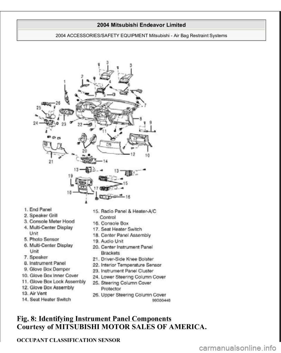 MITSUBISHI ENDEAVOR 2004  Service Repair Manual Fig. 8: Identifying Instrument Panel Components
 
Courtesy of MITSUBISHI MOTOR SALES OF AMERICA. 
OCCUPANT CLASSIFICATION SENSOR 
2004 Mitsubishi Endeavor Limited 
2004 ACCESSORIES/SAFETY EQUIPMENT Mi