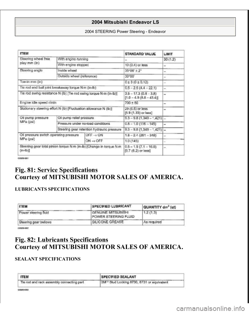 MITSUBISHI ENDEAVOR 2004  Service Repair Manual Fig. 81: Service Specifications
 
Courtesy of MITSUBISHI MOTOR SALES OF AMERICA. 
LUBRICANTS SPECIFICATIONS Fig. 82: Lubricants Specifications
 
Courtesy of MITSUBISHI MOTOR SALES OF AMERICA. 
SEALANT