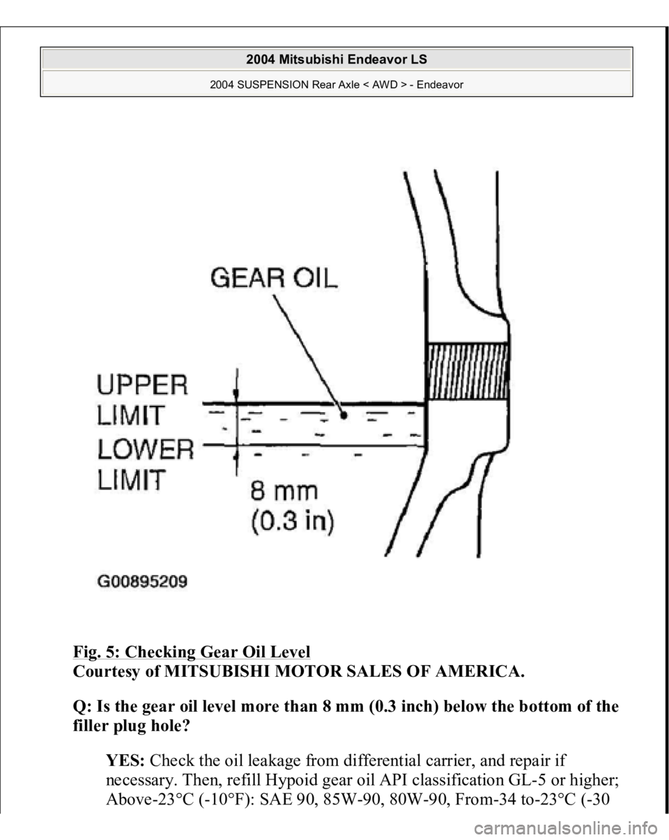 MITSUBISHI ENDEAVOR 2004  Service Repair Manual Fig. 5: Checking Gear Oil Level
 
Courtesy of MITSUBISHI MOTOR SALES OF AMERICA. 
Q: Is the gear oil level more than 8 mm (0.3 inch) below the bottom of the 
filler plug hole?  
YES: Check the oil lea