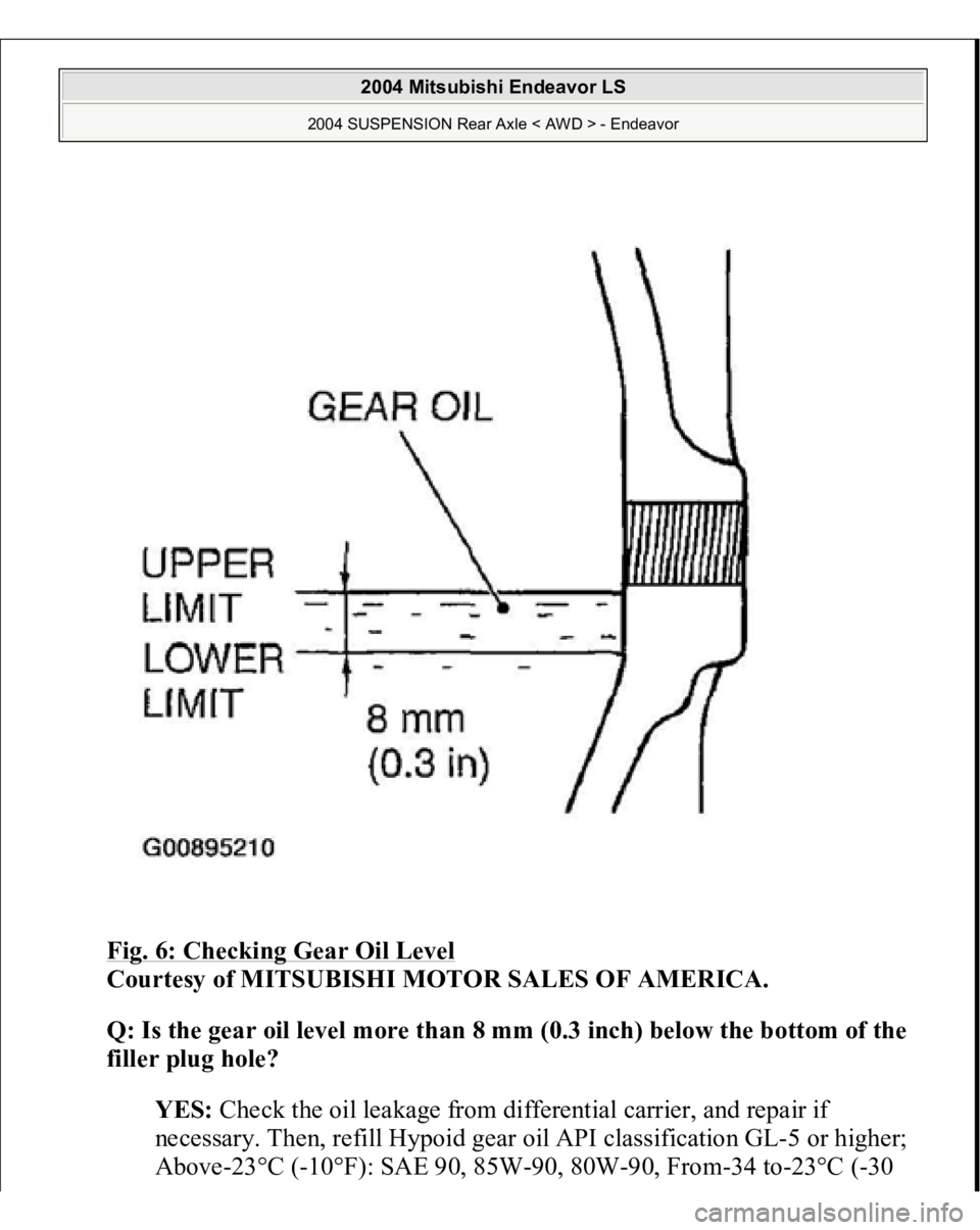 MITSUBISHI ENDEAVOR 2004  Service Repair Manual Fig. 6: Checking Gear Oil Level
 
Courtesy of MITSUBISHI MOTOR SALES OF AMERICA. 
Q: Is the gear oil level more than 8 mm (0.3 inch) below the bottom of the 
filler plug hole?  
YES: Check the oil lea