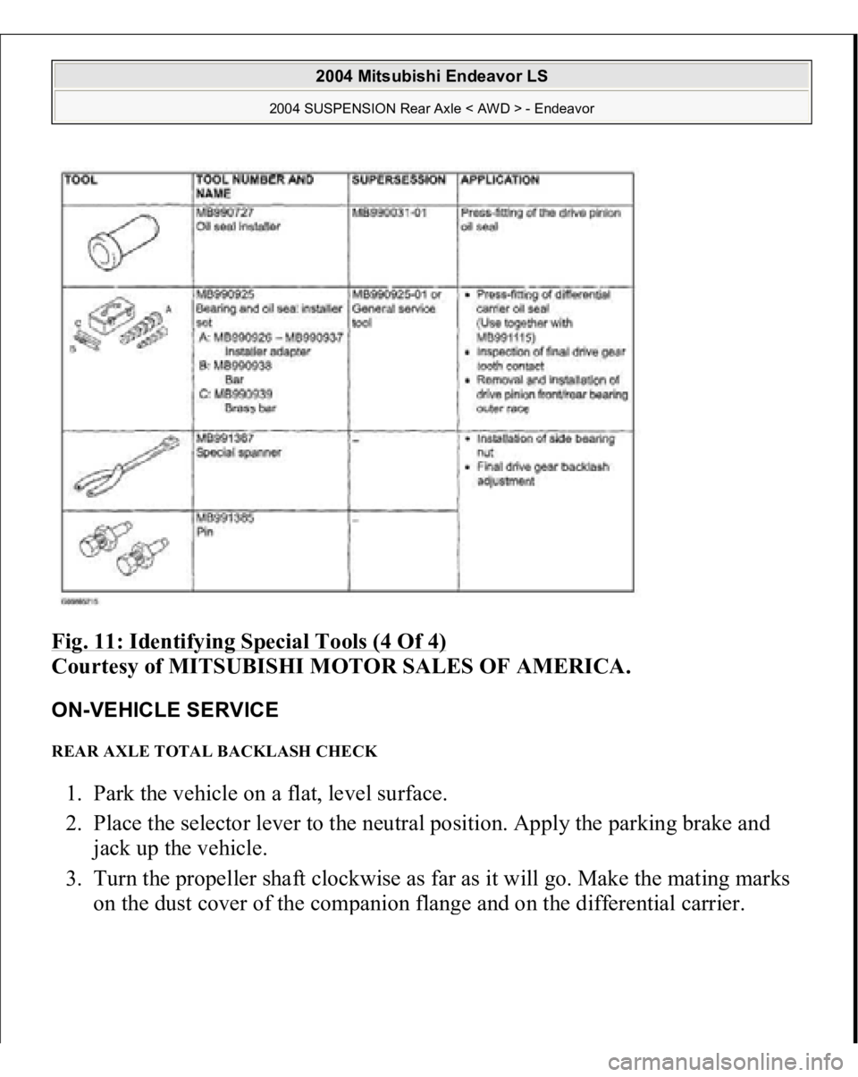 MITSUBISHI ENDEAVOR 2004  Service Repair Manual Fig. 11: Identifying Special Tools (4 Of 4)
 
Courtesy of MITSUBISHI MOTOR SALES OF AMERICA. 
ON-VEHICLE SERVICE REAR AXLE TOTAL BACKLASH CHECK 1. Park the vehicle on a flat, level surface.  
2. Place
