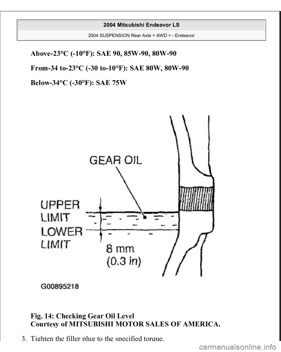 MITSUBISHI ENDEAVOR 2004  Service Repair Manual Above-23°C (-10°F): SAE 90, 85W-90, 80W-90  
From-34 to-23°C (-30 to-10°F): SAE 80W, 80W-90  
Below-34°C (-30°F): SAE 75W  
Fig. 14: Checking Gear Oil Level
 
Courtesy of MITSUBISHI MOTOR SALES 