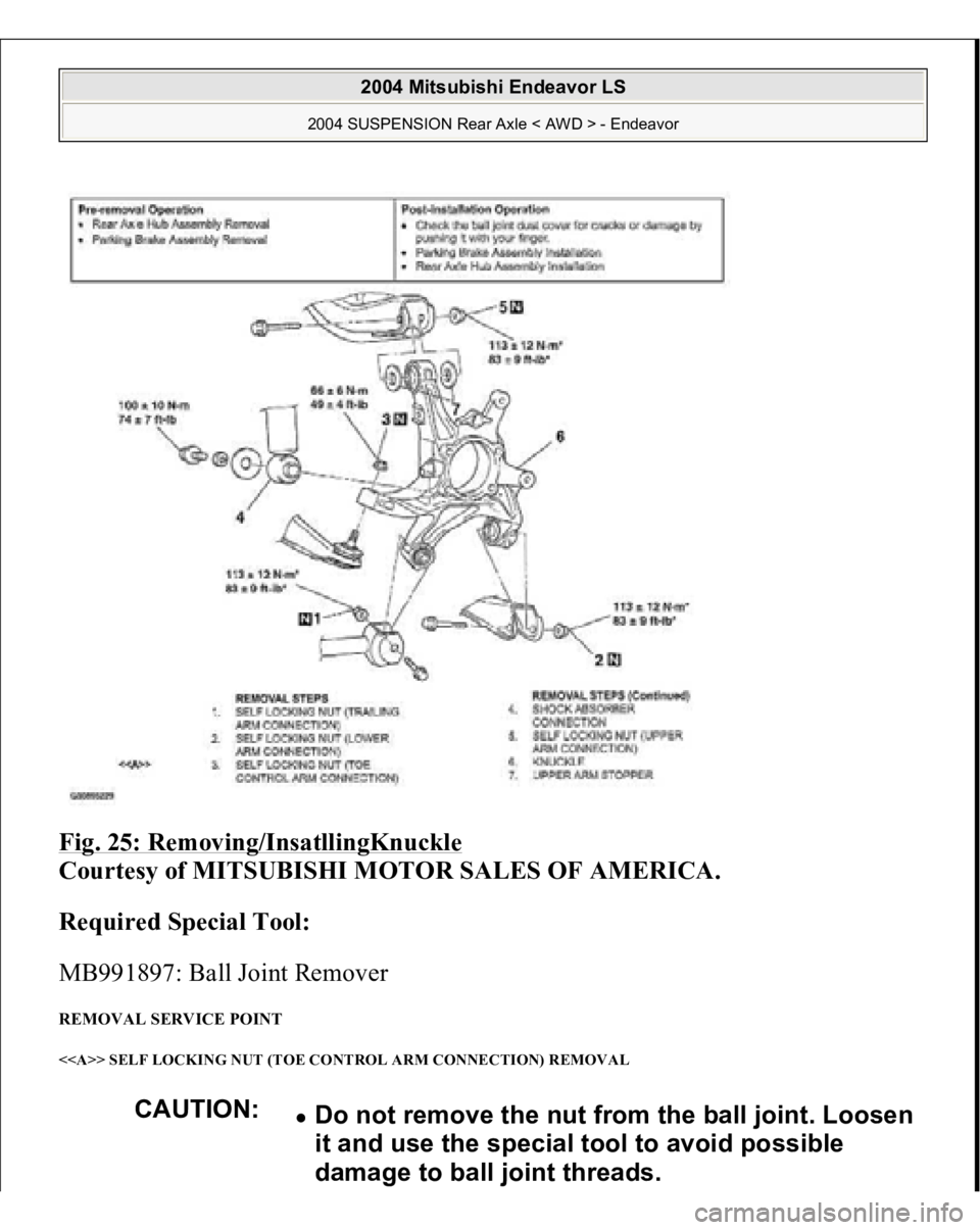 MITSUBISHI ENDEAVOR 2004  Service Repair Manual Fig. 25: Removing/InsatllingKnuckle
 
Courtesy of MITSUBISHI MOTOR SALES OF AMERICA. 
Required Special Tool:  
MB991897: Ball Joint Remover 
REMOVAL SERVICE POINT <<A>> SELF LOCKING NUT (TOE CONTROL A
