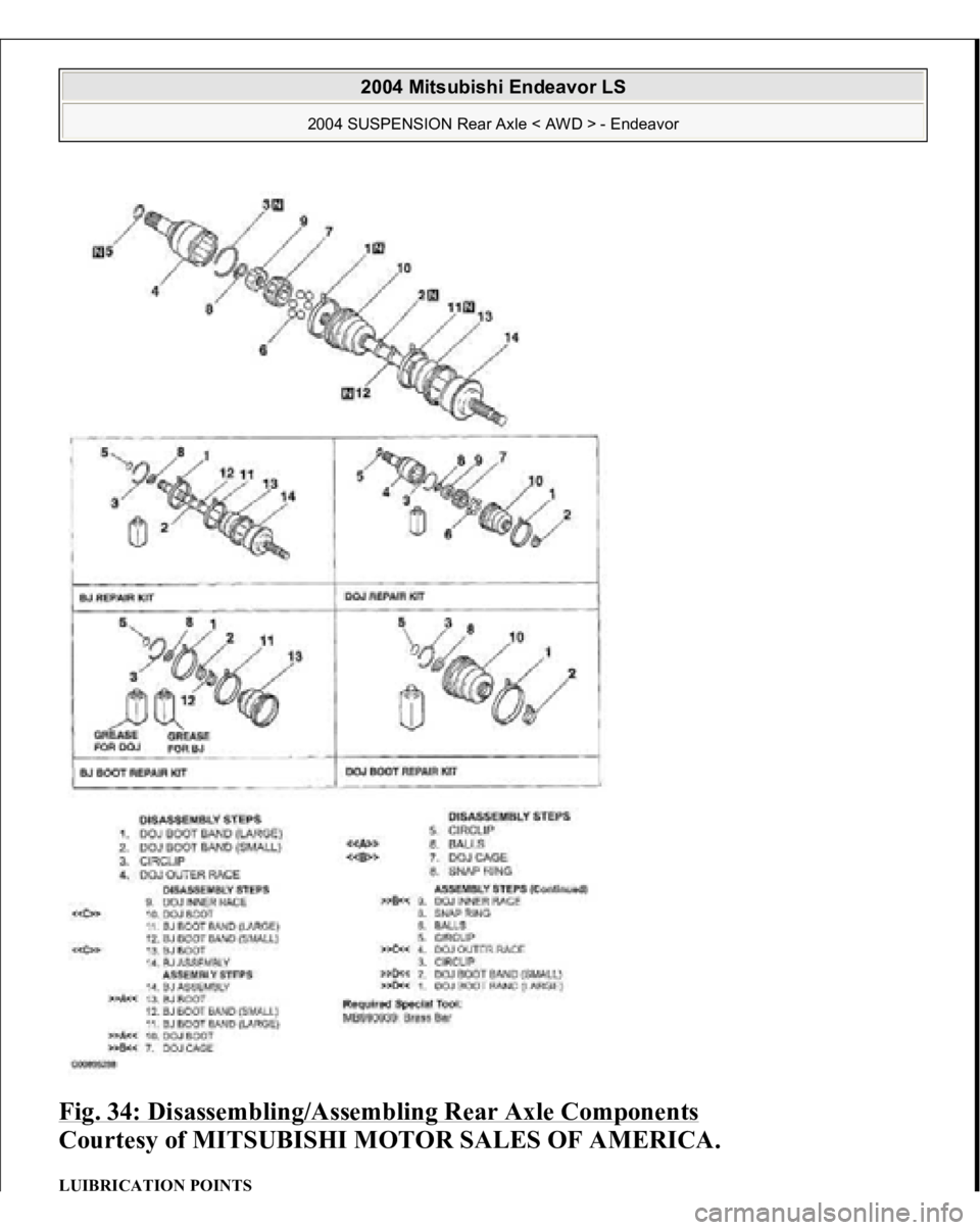 MITSUBISHI ENDEAVOR 2004  Service Repair Manual Fig. 34: Disassembling/Assembling Rear Axle Components
 
Courtesy of MITSUBISHI MOTOR SALES OF AMERICA. 
LUIBRICATION POINTS  
2004 Mitsubishi Endeavor LS 
2004 SUSPENSION Rear Axle < AWD > - Endeavor
