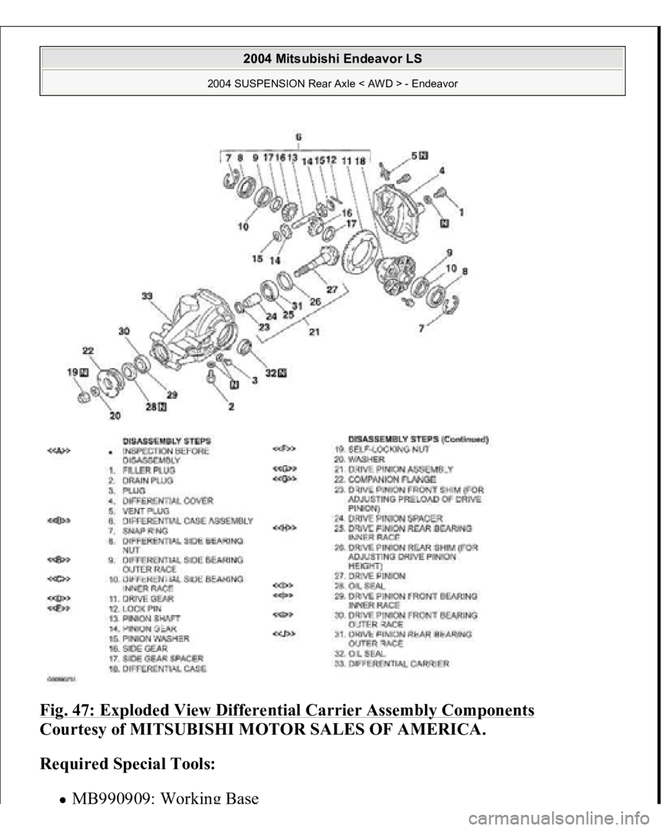 MITSUBISHI ENDEAVOR 2004  Service Repair Manual Fig. 47: Exploded View Differential Carrier Assembly Components
 
Courtesy of MITSUBISHI MOTOR SALES OF AMERICA. 
Required Special Tools:  
MB
990909:
 Wo
rkin
g Base
 
 
2004 Mitsubishi Endeavor LS 
