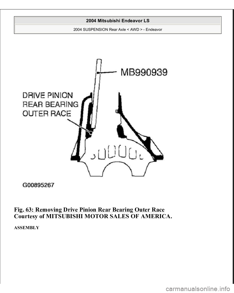 MITSUBISHI ENDEAVOR 2004  Service Repair Manual Fig. 63: Removing Drive Pinion Rear Bearing Outer Race
 
Courtesy of MITSUBISHI MOTOR SALES OF AMERICA. 
ASSEMBLY  
2004 Mitsubishi Endeavor LS 
2004 SUSPENSION Rear Axle < AWD > - Endeavor
   