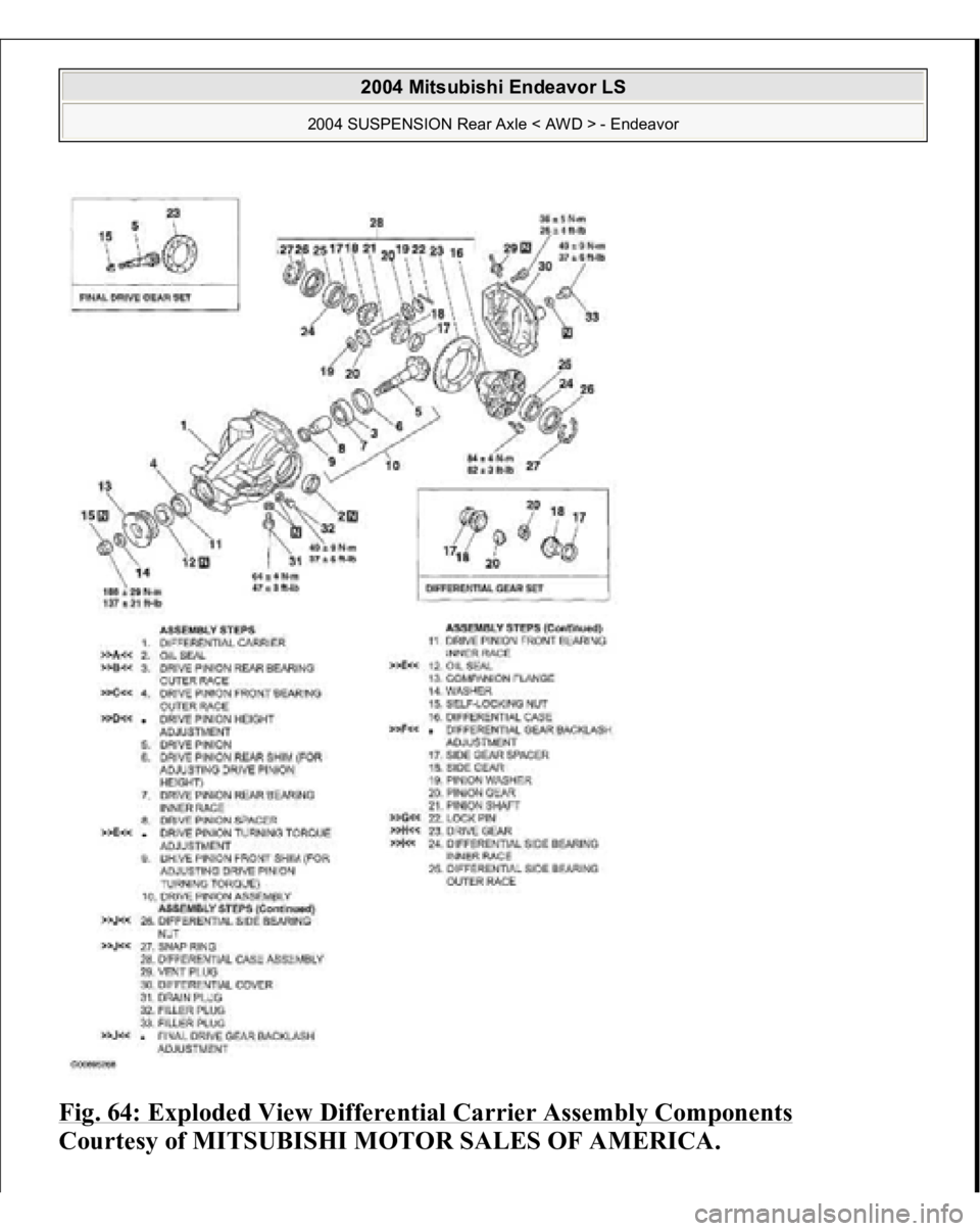 MITSUBISHI ENDEAVOR 2004  Service Repair Manual Fig. 64: Exploded View Differential Carrier Assembly Components
 
Courtesy of MITSUBISHI MOTOR SALES OF AMERICA.
 
2004 Mitsubishi Endeavor LS 
2004 SUSPENSION Rear Axle < AWD > - Endeavor
   