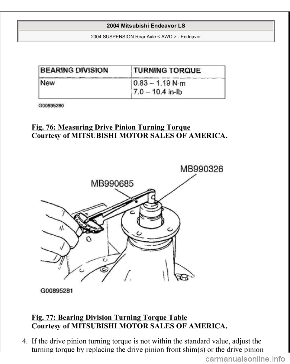 MITSUBISHI ENDEAVOR 2004  Service Repair Manual Fig. 76: Measuring Drive Pinion Turning Torque
 
Courtesy of MITSUBISHI MOTOR SALES OF AMERICA. 
Fig. 77: Bearing Division Turning Torque Table 
Courtesy of MITSUBISHI MOTOR SALES OF AMERICA. 
4. If t