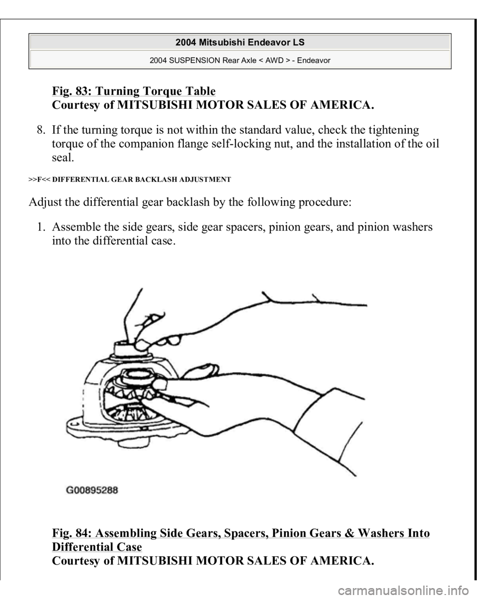 MITSUBISHI ENDEAVOR 2004  Service Repair Manual Fig. 83: Turning Torque Table
 
Courtesy of MITSUBISHI MOTOR SALES OF AMERICA. 
8. If the turning torque is not within the standard value, check the tightening 
torque of the companion flange self-loc